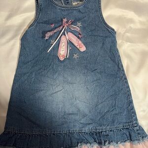 Vintage Girls Denim Dress Size 5 Ballerina Slippers Pink Ruffle Hem